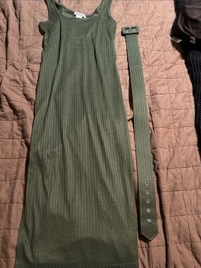 Stiletto Sleeveless Ribbed Midi Dress with Matching Belt in Olive Green